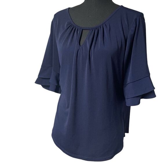 New York & Co Navy Double Ruffle Sleeve Keyhole Top - Picture 1 of 6